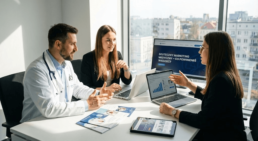 Spotkanie zespołu ds. marketingu medycznego z lekarzem w gabinecie – omawianie strategii i wyników kampanii na laptopach